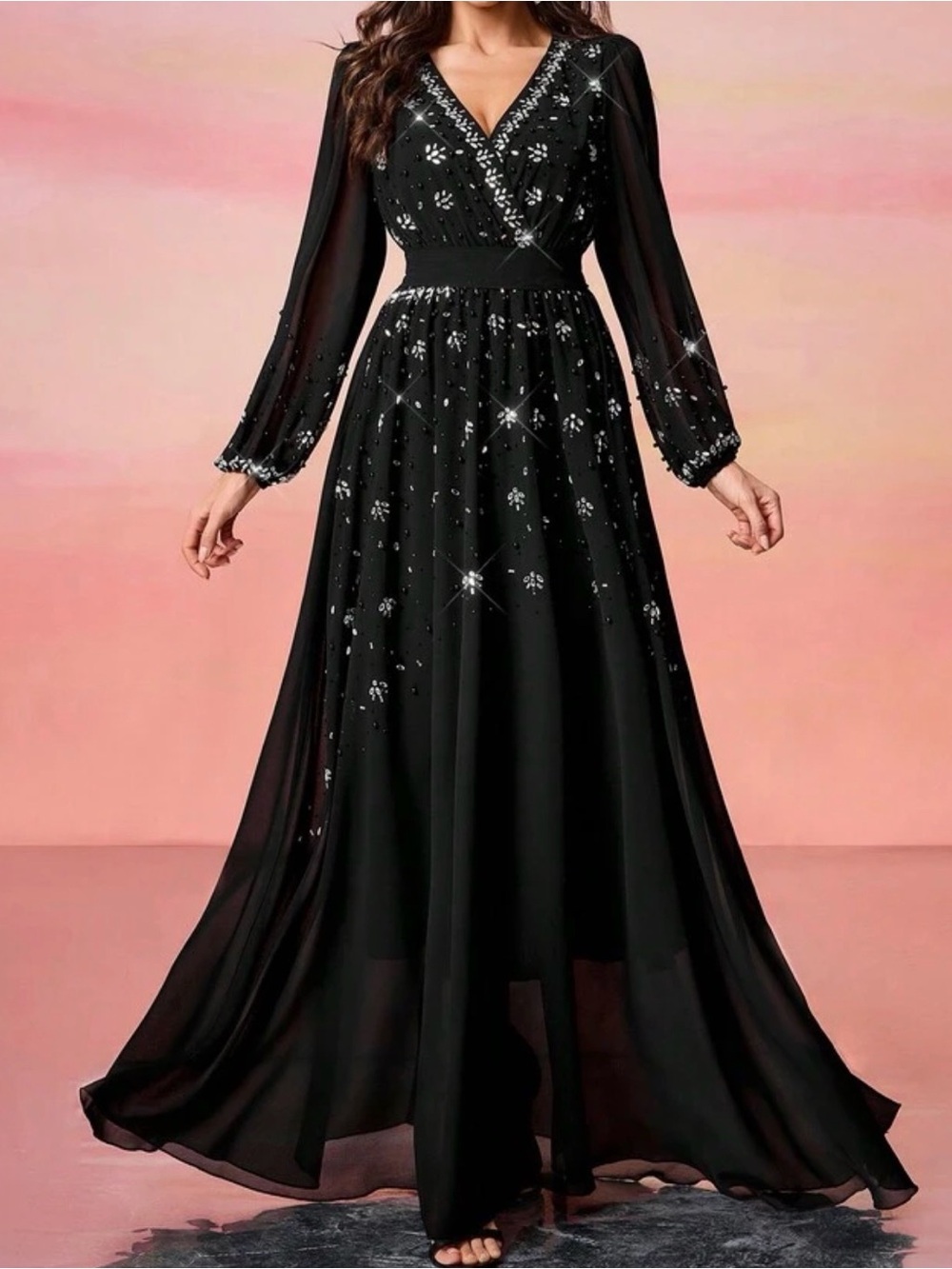 Black Long Sleeve Sequin Chiffon Evening Dress